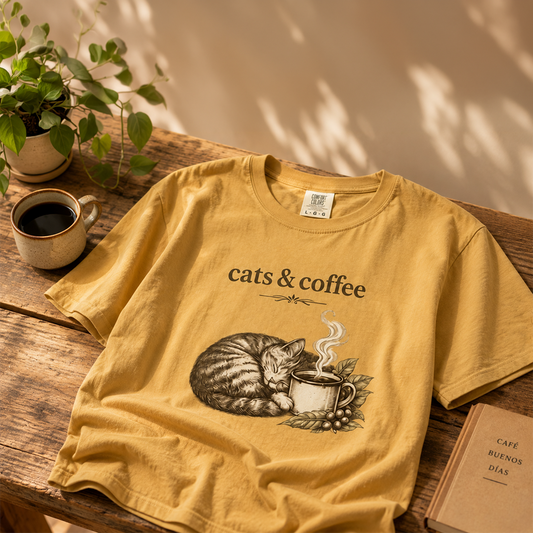 Camiseta Cats & Coffee — Gatos y Café