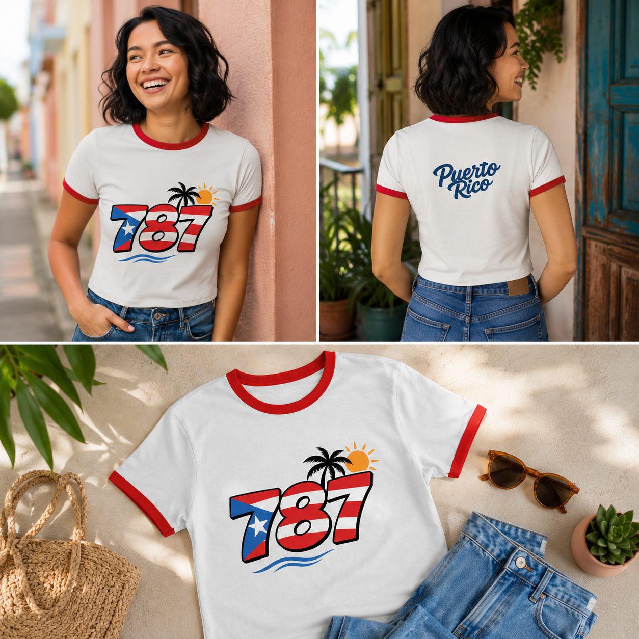 Camiseta Ringer 787 Puerto Rico — Bandera y Palma