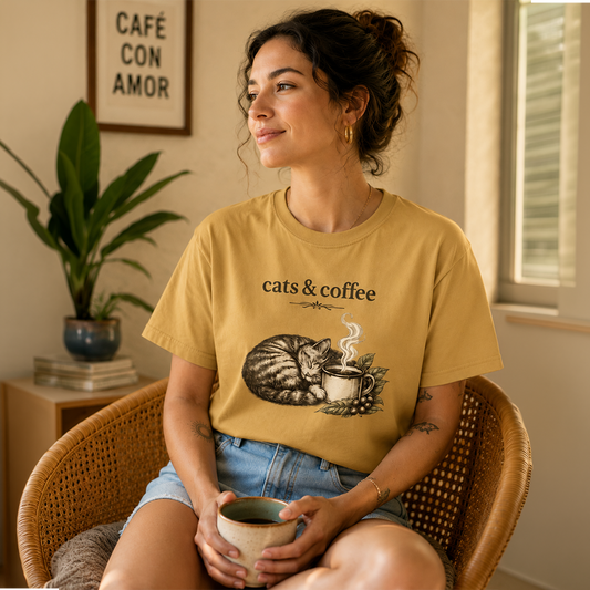 Camiseta Cats & Coffee — Gatos y Café